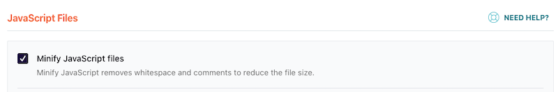 Minify JavaScript files feature - WP Rocket dashboard. 